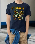 Funny Chicken Football Fan Humor Graphic T Shirt Style - model wearing navy tee with hands in pockets