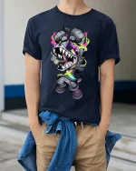 Street Crocodile Hype Beast Neon Urban Graphic T Shirt - model wearing navy tee with hands in pockets