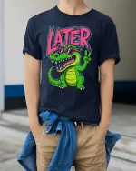Later Gator Funny Alligator Cool Graphic T Shirt Style - model wearing navy tee with hands in pockets