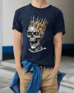 Burning Crown Skull King Dark Gothic Graphic T Shirt - model wearing navy tee with hands in pockets