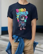 Robo Vibes Cute Street Robot Graphic T Shirt Style - model wearing navy tee with hands in pockets
