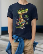 Cool Crocodile Skater Summer Vibes Graphic T Shirt Style - model wearing navy tee with hands in pockets