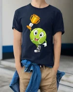 Tennis Champion Cute Ball Winner Graphic T Shirt Style - model wearing navy tee with hands in pockets