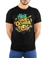 Haz Que Ocurra Smile Graphic Motivational Tshirt Fun Style - model wearing black tee with hands behind back