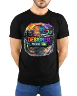 Designer Mode On Creative Graphic Artist T Shirt Style - model wearing black tee with hands behind back