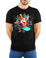 Creative Skate Hand Pop Art Colorful Graphic T Shirt Style - model wearing black tee with hands behind back