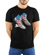 USA Flag Sneakers Patriotic Style Graphic T Shirt - model wearing black tee with hands behind back