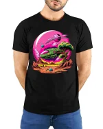 Retro Space Landscape Sci Fi Planet Graphic T Shirt Style - model wearing black tee with hands behind back