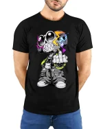 Street Skull Rebel Neon Urban Graphic T Shirt Style - model wearing black tee with hands behind back
