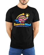 Superstar Mind Brain Hero Smart Graphic T Shirt Style - model wearing black tee with hands behind back