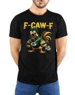 Funny Chicken Football Fan Humor Graphic T Shirt Style - model wearing black tee with hands behind back