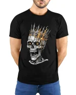 Burning Crown Skull King Dark Gothic Graphic T Shirt - model wearing black tee with hands behind back