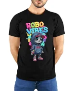 Robo Vibes Cute Street Robot Graphic T Shirt Style - model wearing black tee with hands behind back