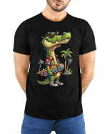Cool Crocodile Skater Summer Vibes Graphic T Shirt Style - model wearing black tee with hands behind back