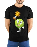 Tennis Champion Cute Ball Winner Graphic T Shirt Style - model wearing black tee with hands behind back