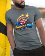 Superstar Mind Brain Hero Smart Graphic T Shirt Style - model wearing grey tee, leaning on column