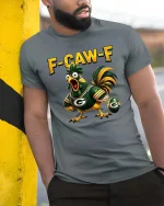 Funny Chicken Football Fan Humor Graphic T Shirt Style - model wearing grey tee, leaning on column