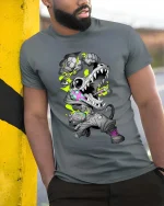 Neon Crocodile Streetwear Graffiti Graphic T Shirt Style - model wearing grey tee, leaning on column