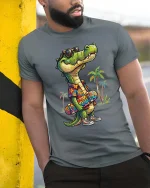 Cool Crocodile Skater Summer Vibes Graphic T Shirt Style - model wearing grey tee, leaning on column