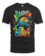 I Love Games Gamer Headset Graphic T Shirt Colorful Fun - black t-shirt on white background