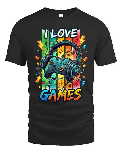 I Love Games Gamer Headset Graphic T Shirt Colorful Fun - black t-shirt on white background