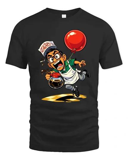 Funny Coffee Server Chaos Graphic T Shirt Cartoon Humor - black t-shirt on white background