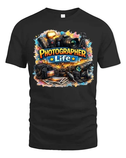 Photographer Life Camera Gear Graphic T Shirt Creative - black t-shirt on white background