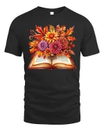 Autumn Book Floral Graphic T Shirt Cozy Fall Reader Tee - black t-shirt on white background