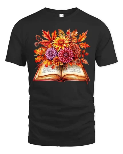 Autumn Book Floral Graphic T Shirt Cozy Fall Reader Tee - black t-shirt on white background
