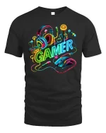 Neon Gamer Headset Graphic T Shirt Gaming Setup Style - black t-shirt on white background
