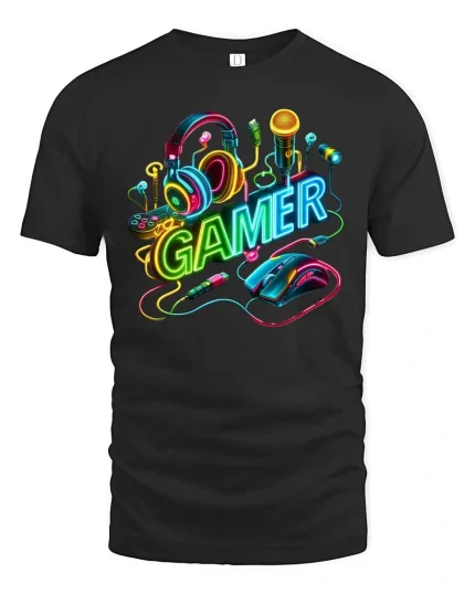 Neon Gamer Headset Graphic T Shirt Gaming Setup Style - black t-shirt on white background