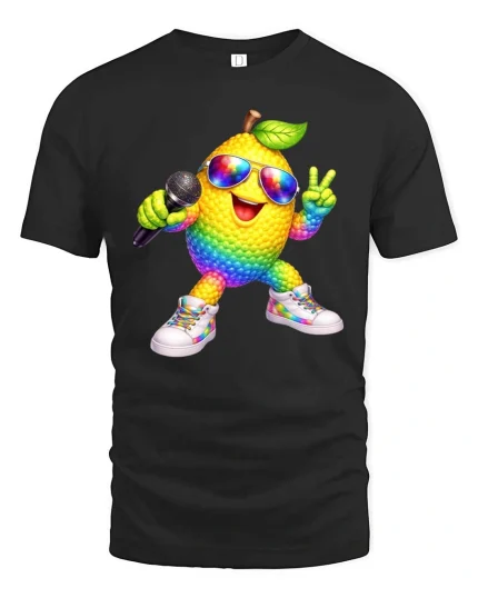 Rainbow Lemon Singer Graphic T Shirt Funny Party Vibes - black t-shirt on white background