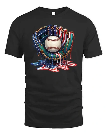 Patriotic Baseball Glove Graphic T Shirt USA Drip Style - black t-shirt on white background