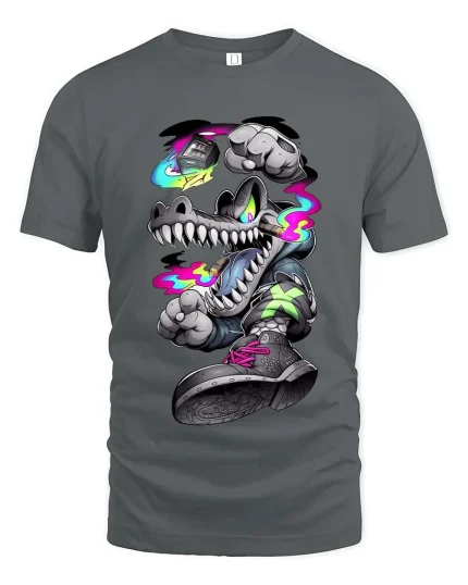 Neon Graffiti Wolf Street Art Graphic T Shirt Urban Style - gray t-shirt on white background