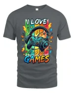 I Love Games Gamer Headset Graphic T Shirt Colorful Fun - gray t-shirt on white background