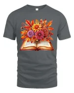 Autumn Book Floral Graphic T Shirt Cozy Fall Reader Tee - gray t-shirt on white background