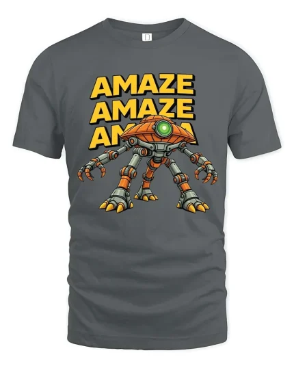 Amaze Robot Graphic T Shirt Funny Sci Fi Gamer Style Tee - gray t-shirt on white background