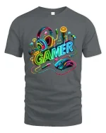 Neon Gamer Headset Graphic T Shirt Gaming Setup Style - gray t-shirt on white background