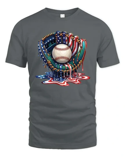 Patriotic Baseball Glove Graphic T Shirt USA Drip Style - gray t-shirt on white background