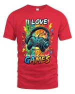 I Love Games Gamer Headset Graphic T Shirt Colorful Fun - red t-shirt on white background