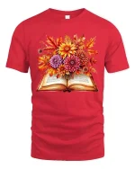 Autumn Book Floral Graphic T Shirt Cozy Fall Reader Tee - red t-shirt on white background