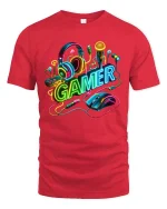 Neon Gamer Headset Graphic T Shirt Gaming Setup Style - red t-shirt on white background