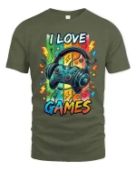 I Love Games Gamer Headset Graphic T Shirt Colorful Fun - military green t-shirt on white background
