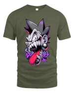 Crazy Punk Face Graphic T Shirt Edgy Street Cartoon Style - military green t-shirt on white background
