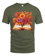 Autumn Book Floral Graphic T Shirt Cozy Fall Reader Tee - military green t-shirt on white background