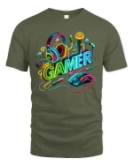 Neon Gamer Headset Graphic T Shirt Gaming Setup Style - military green t-shirt on white background