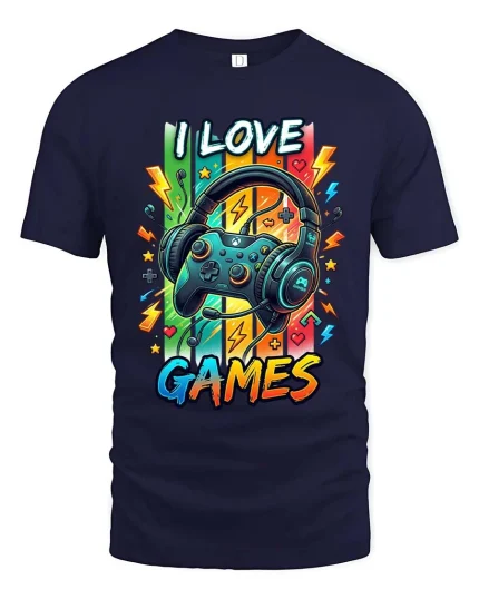 I Love Games Gamer Headset Graphic T Shirt Colorful Fun - navy t-shirt on white background