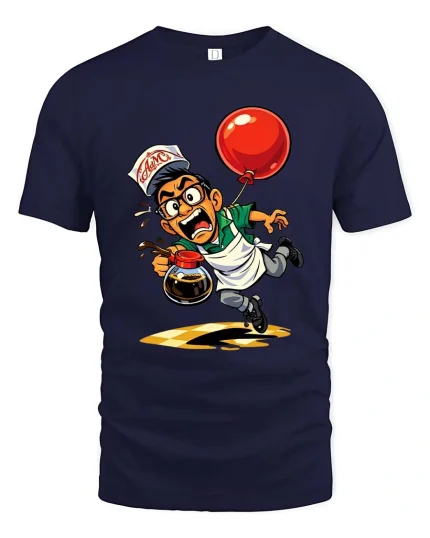 Funny Coffee Server Chaos Graphic T Shirt Cartoon Humor - navy t-shirt on white background