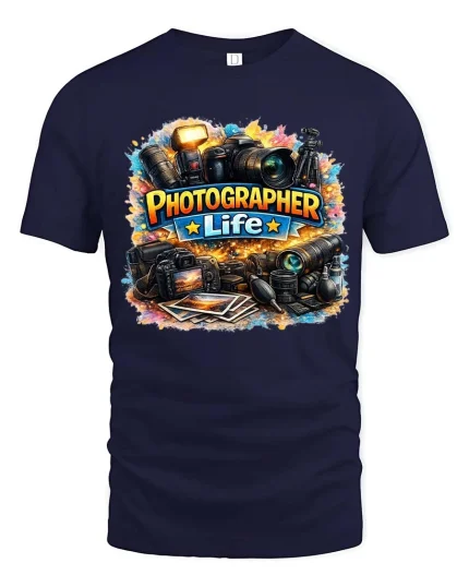 Photographer Life Camera Gear Graphic T Shirt Creative - navy t-shirt on white background