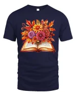 Autumn Book Floral Graphic T Shirt Cozy Fall Reader Tee - navy t-shirt on white background
